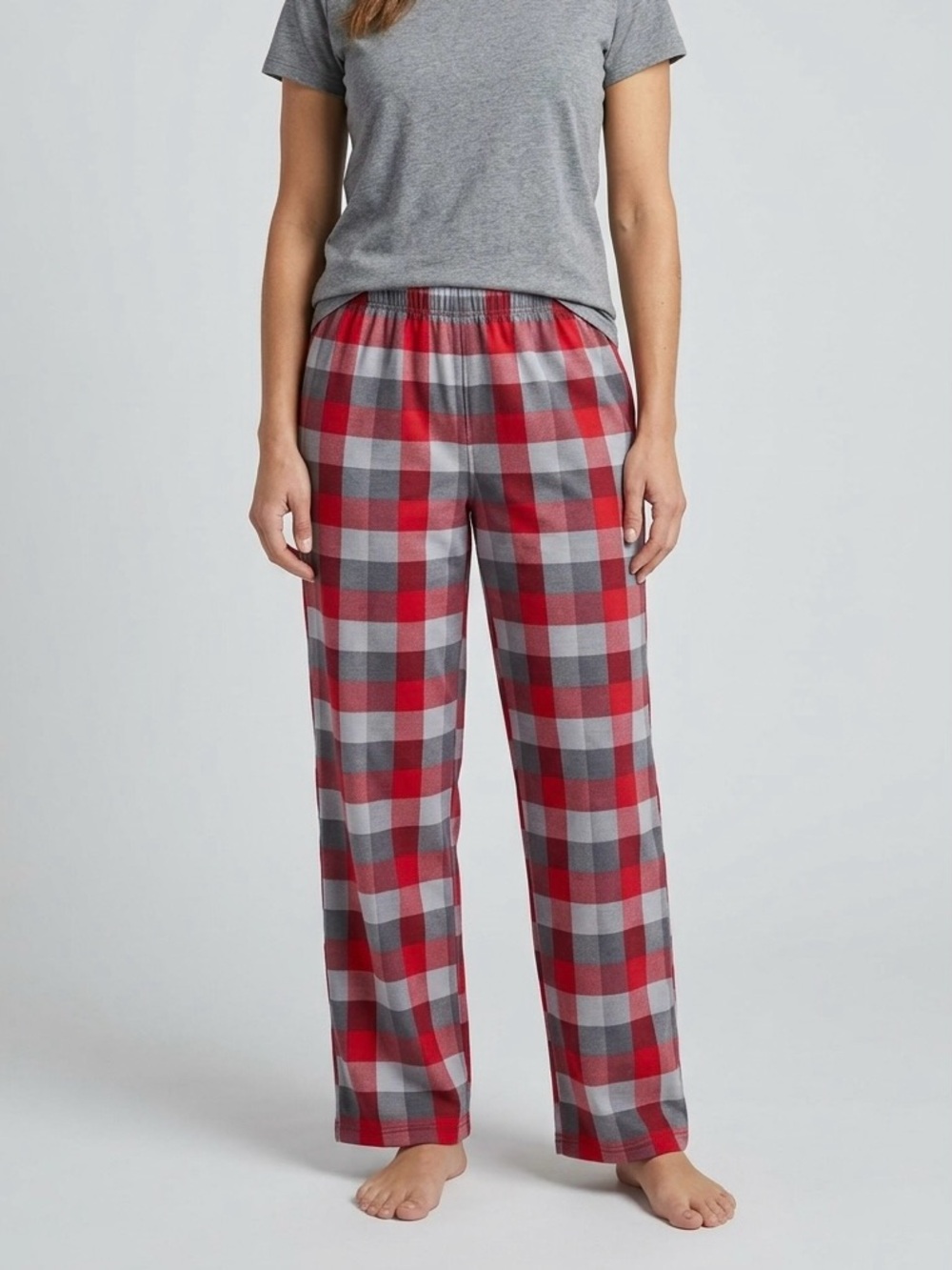 Lands' End Women's Red and Gray Plaid Flannel Pajama Pants